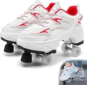 [AMMFIT] Roller Skate Shoes with Brake, Walk Deformation Shoes with Double-Row Wheels for Kids and Adults Technical Skateboarding Shoe with Deformed Wheels,Red-10