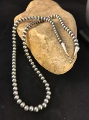 Native American 5mm Sterling Silver Navajo Pearls 28" Hook & Eye Cone Necklace