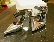 Proenza Schouler Silver Metallic Eyelets Ankle Bow Heels Sandals Shoes Size 39.5
