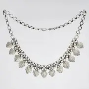 Vintage Indian Handmade Leaf Charm Collar Necklace in Sterling Silver 18 Inch