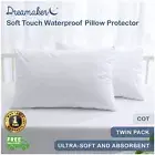 Dreamaker Soft Touch Cot Waterproof Pillow Protector White 2 Pack Standard