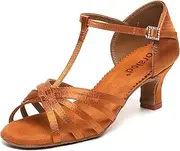 [foralod] Satin Dance Shoes for Women, Ballroom Dance Shoes Low Heels, Prom Shoes for Woman Dancing, Latin Salsa Dance Heels, Open Toe Ankle T-Strap Sandals, Wedding Dressy Shoes, Suede Sole,Golden Tan