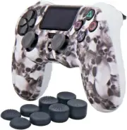 Silicone Grip + (8) Multi Thumb Caps White Skulls Non Slip For PS4 Controller