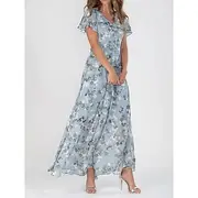 Women's Maxi Dress A Line Dress Vacation Casual Boho Outdoor Going out Standard Fit Floral Short Sleeve V Neck Light Blue Blue Fuchsia Green Summer