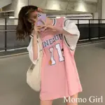 「MOMO STYLE」假兩件 籃球服T恤 女新款球衣 短袖學生韓版 寬鬆中長款 半袖INS潮