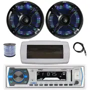 Pyle Bluetooth Marine Radio, Cover, Antenna,Wire, 2x 6.5" 250W LED Black Speaker