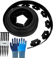 Flexible Plastic Lawn Edging Length 10 m Height 5 cm with 80 Ground Anchors + 1 Pair of Gloves, Black