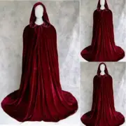Maroon Velvet Hooded Cloak Wedding cape Halloween Wicca Medieval Robe Coat Cos