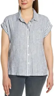 Orvis Tops for Womens Linen Blend Short Sleeve Shirts, Blue Stripe, L