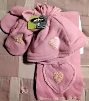 New Cute Girls Pink 3-Piece Fleece Hat Scarf Mittens Set With Sequin Hearts OSFM
