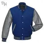 New Blue Wool Varsity Letterman Bomber Jacket With Grey Real Leather Sleeves