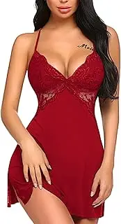 [NAMSAT] Women Lace Chemise Sleepwea V-Neck Spaghetti Strap Lace Chemises Sexy Lace Trim Side SlitCami Sleep Dress, Red, Small, Red, Small
