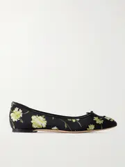 [Manolo Blahnik] Manolo Blahnik - Verallim 10 Bow-detailed Leather-trimmed Floral-print Satin Ballet Flats - Black - IT40 IT 40 Black