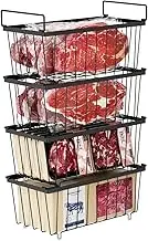 4 Pack Stackable Freezer Organiser Bins, Deep Chest Freezer Baskets with Handles, Black Storage Container for 7 Cu.Ft, Prevent Frozen Food Waste