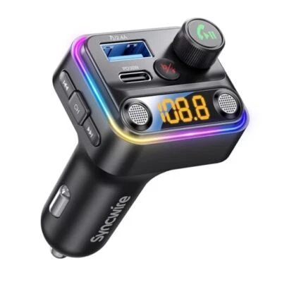 Bluetooth 5.4 FM Transmitter Car Adapter 42W [Light Switch] [Stronger Black