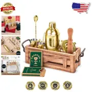 High-End Gold Drink Mixer Set with Wooden Stand – Ultimate Gift for Bartenders