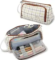 Large Pencil Case,Multi Compartment Pencil Case Paint Brushes, Correction Tape, Stationery School Supplies for Student, Clerk Pencil Case Aesthetic (Brown White Plaid)