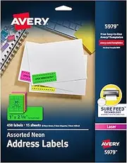 Avery Printable Address Labels with Sure Feed, 1" x 2-5/8", Assorted Neon (Magenta, Green and Yellow), 450 Blank Mailing Labels for Laser and Inkjet Printers (5979)