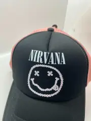 Urban Outfitters Nirvana Trucker Hat SMILEY FACE Pink Black - Brand New
