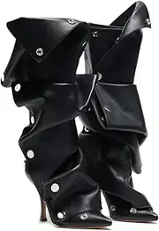 [VOMIRA] Women's Knee High Boots Stiletto Boots Pointed Toe High Heels Wide Calf Ruched Slouchy Boots Detachable Snap-off Panel Mid Calf Boots Black Boots