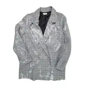 Jason Wu Sequin Plaid Double Breasted Silver Collared Womens Blazer Size Large