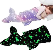 2Pcs Mermaid Tail Blanket, Glow in The Dark Blanket, Soft Flannel Mermaid Blanket, Snuggle Blankets for Girls for Kids, Purple Wings