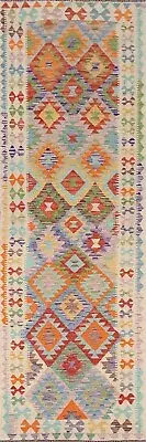 Runner Rug 3x10 ft. Geometric Oriental Flat Weave Handmade Colorful Kilim