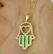2CT Round Cut Simulated Emerald Women's Hamsa Pendant 14k Yellow Gold Finish