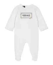 Versace Kids Safety Pin Logo Baby Sleepsuit 6M,3M,1M White Print