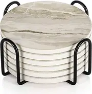 Drink Coasters with Holder, Absorbent Coaster Sets of 6, Marble Style Ceramic Drink Coaster for Tabletop Protection,Suitable for Kinds of Cups, Wooden Table, Cool Home Decor, 4 Inches