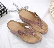 [DZXYQ] Summer Women's Slippers Flat Sandal Multicolor Handmade Retro Flowers Flip-Flops Large Size Slippers Leather Slip on Light Mid Heel Wedge Beach Outside Leisure Flip Flops,Pink,40