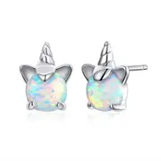 Silver plating Cute Unicorn Colorful Opal Stud Earrings for Women Wedding Small Earrings Fine Anniversary Jewelry