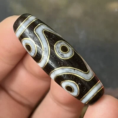 Tibetan Old Agate Dzi 6 Eyes Inlaid Gold Wire Bead Pendant 38mm Z0623
