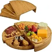Recalma Bamboo Cheese Board With Knife Set, 4 Layers Round Plate, Serving Board for Appetizers, Charcuterie Board, Rotating Wood Plate