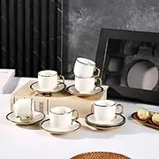 Frafuo 6pcs Espresso Turkish Coffee Cups and Saucers Set - Elegant Ceramic Tea Cups with Modern Gold Trim, Dishwasher & Microwave Safe, 90ml Capacity, Luxury Gift Box Packaging(White)