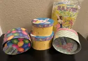 6 Stacking Easter Egg shaped paper gift boxes w/Easter Grass pkg Lot Vintage 90s