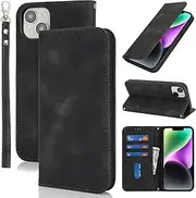 Cavor Flip Cover for iPhone 13 Case iPhone 14 6.1'' Wallet Case for Women Man PU Leather Magnetic Wristlet Hand Strap with Card Slots Kickstand Protective Phone Cases-Black