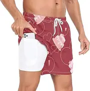 [GuoChe] Mens Swimwear Trunks Men 2 Layer Running Shorts Valentine's Day Cute Hearts Birthday Cakes Red with Pockets Beach, Valentine's Day Cute Hearts Birthday Cakes Red, XX-Large