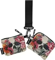[XYMZR] Mini Zip Around Wristlet keychain Wallet Vintage Skull Rose for Women Personalized Pattern Detachable Dual Pouch Wristlet Portable Wallet Phone Coin Purse, Multi-colored, One Size