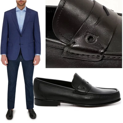 SALVATORE FERRAGAMO SHOES SAM PENNY LOAFERS BLACK LEATHER w LOGO $880 sz 8 EEE