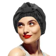 Women Satin Sleeping Cap Wrap Hair Bonnet Turban Elastic Headwear - Black
