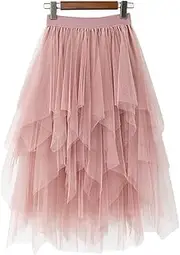 [LBKKC] Women's Tulle Skirt Formal High Low Asymmetrical Midi Tea-Length Elastic Waist Tutu Skirts