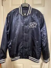 Starter Mens Large Locker Room Full-Snap Satin Bomber Jacket Navy 6C3G0492 NEW