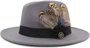 [N\A] NA 100 % Men's Wool Wide Brim Felt Felt with Feather Belt Light Color Cashmere Gangster Church hat Light Gray