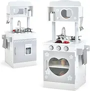 HONEY JOY Double-Sided Kids Play Kitchen, Simulation Kitchen Playset w/Stove, Sink, Ice Dispenser, Oven, Towel Rack, Clock, 3 Side Hanging Hook, Wooden Pretend Cooking Set for Toddlers Ages 3+, White