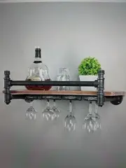 Mbqq Industrial Wine Racks Wall Mounted,Rustic Wall Shelf With 4 Stem Glass Hold