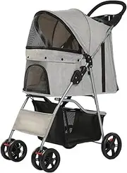Cat Dog Stroller Pet Stroller Foldable Cup Holder Brake Pet Cart Trolley for Dogs Small & Medium Pets Cats Kitten, Gray