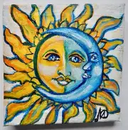 Acrylic Painting on 4"x4" Canvas Called "Sun & Moon" by Artist Marilyn Oliveri
