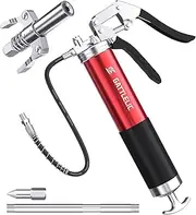 Grease Gun Kits, 8000 PSI Heavy Duty Grease Gun with Grease Coupler, 14oz Pistol Grip Mini Grease Gun with 18 Inch Spring Flex Hose, Sharp Nozzle, Extension Rigid Pipe, Red