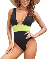 [SSKA] Women One Piece Deep V Swimsuits Bikini, Sexy Tummy Control Bathing Suits, Spring Summer Black Cami Low Back Swimwear